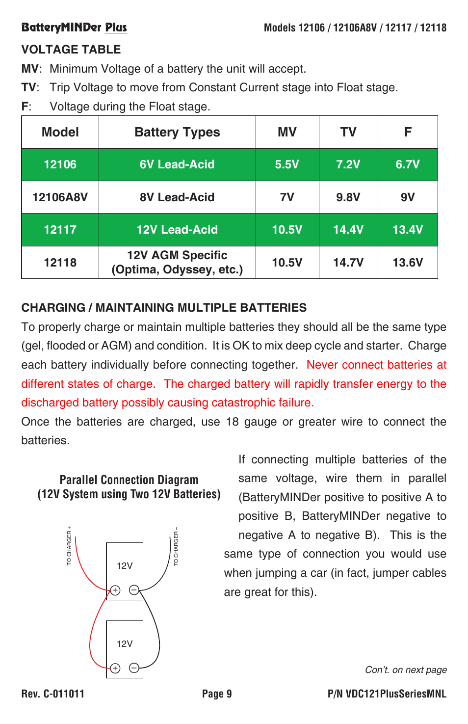 Model battery types mv tv f | BatteryMINDer 12118 User Manual | Page 9 / 12