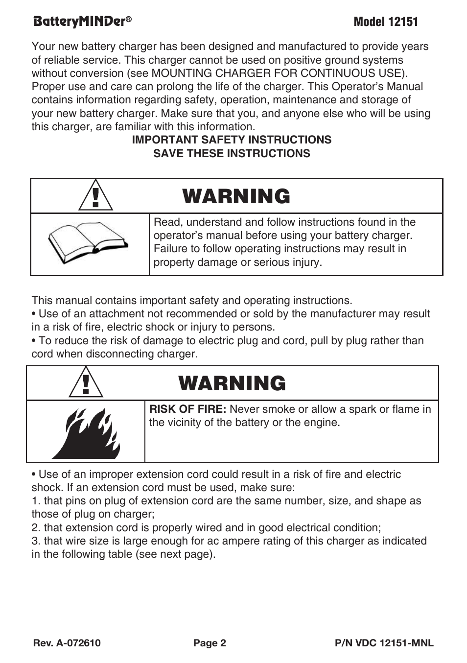 Warning | BatteryMINDer 12151 User Manual | Page 2 / 8