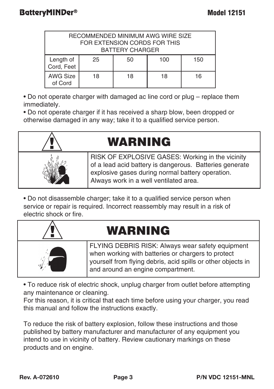 Warning | BatteryMINDer 12151 User Manual | Page 3 / 8