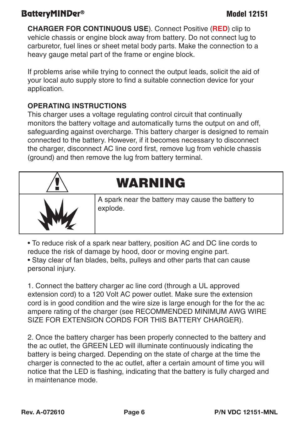 Warning | BatteryMINDer 12151 User Manual | Page 6 / 8