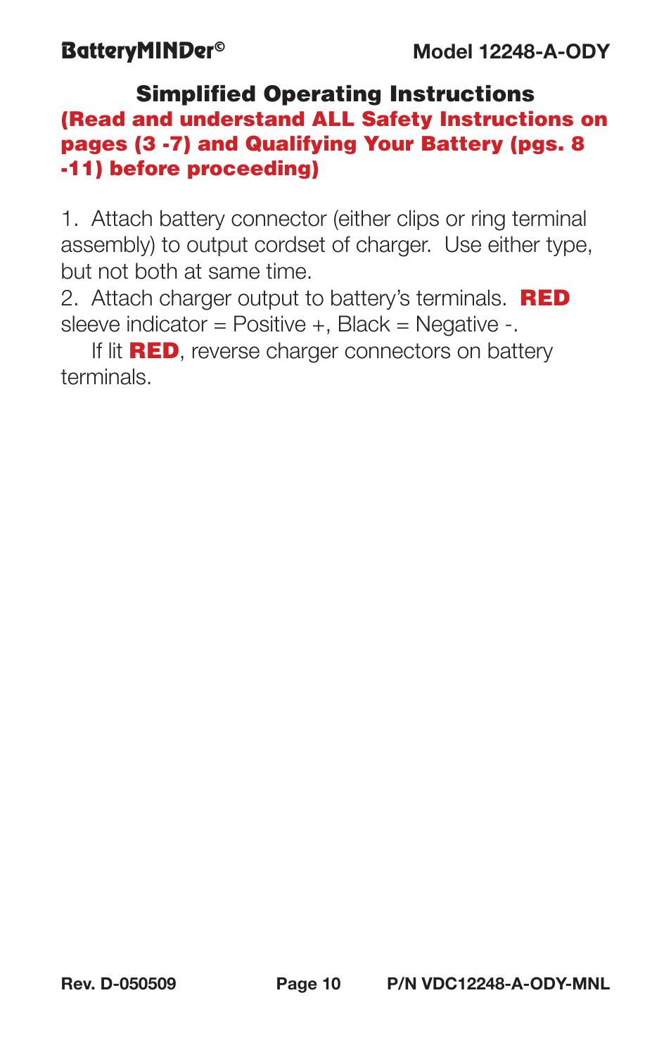 Simplified operating instructions | BatteryMINDer 12248-A-ODY User Manual | Page 10 / 32