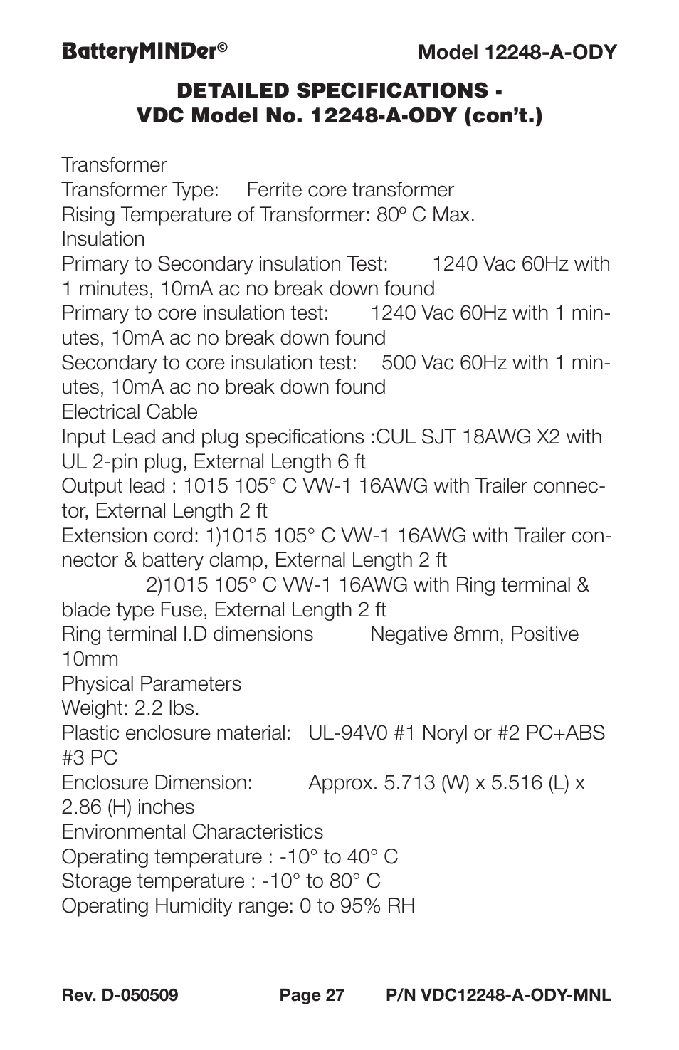 BatteryMINDer 12248-A-ODY User Manual | Page 27 / 32