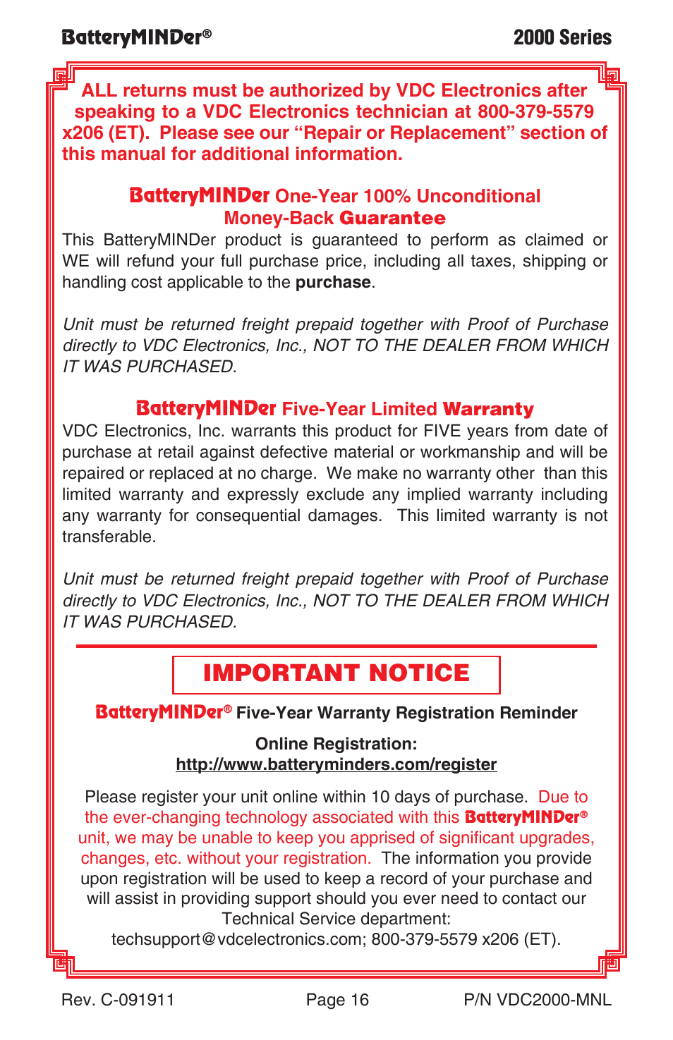 Important notice, 2000 series | BatteryMINDer 2000 Series User Manual | Page 16 / 16