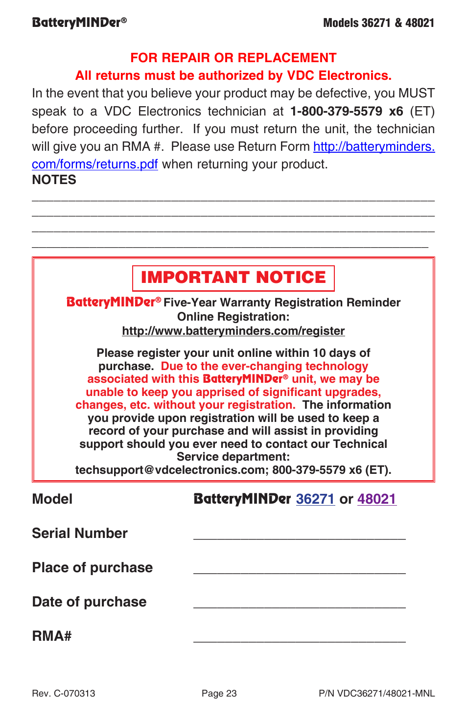 Important notice, Model | BatteryMINDer 48021 User Manual | Page 23 / 24