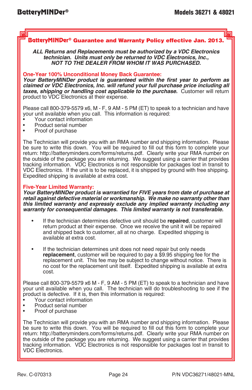 Batteryminder | BatteryMINDer 48021 User Manual | Page 24 / 24