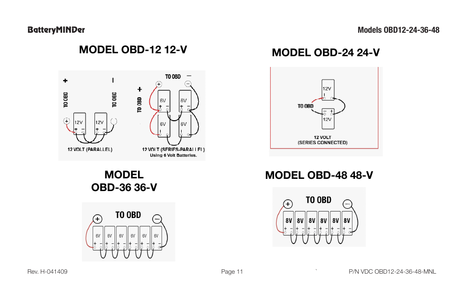 Model obd-24 24-v model, Obd-36 36-v, Model obd-48 48-v | Model obd-12 12-v | BatteryMINDer OBD-12, -24, -36 & -48 User Manual | Page 11 / 20