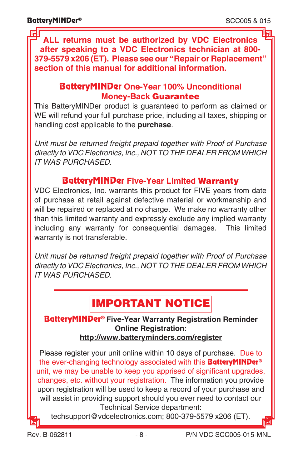 Important notice | BatteryMINDer SCC015 User Manual | Page 8 / 8