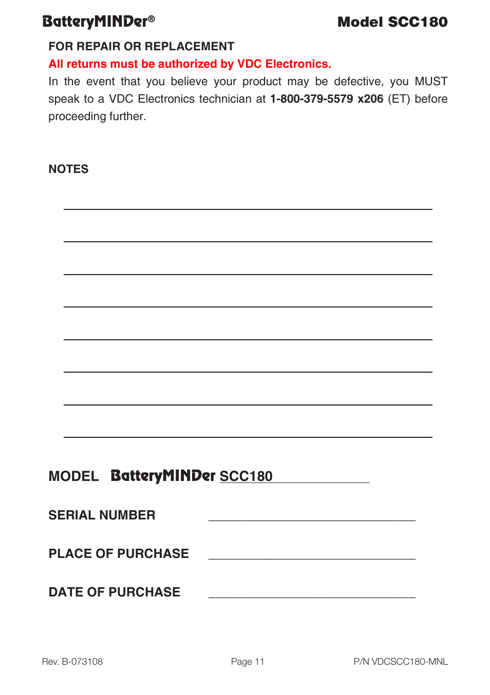 Batteryminder, Model scc180, Model batteryminder scc180 | BatteryMINDer SCC180 User Manual | Page 11 / 12