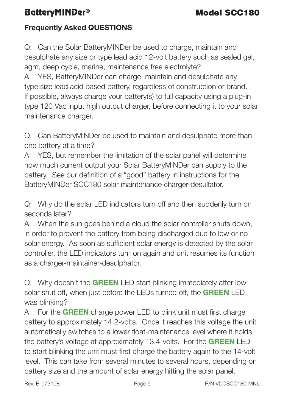 Batteryminder, Model scc180 | BatteryMINDer SCC180 User Manual | Page 5 / 12