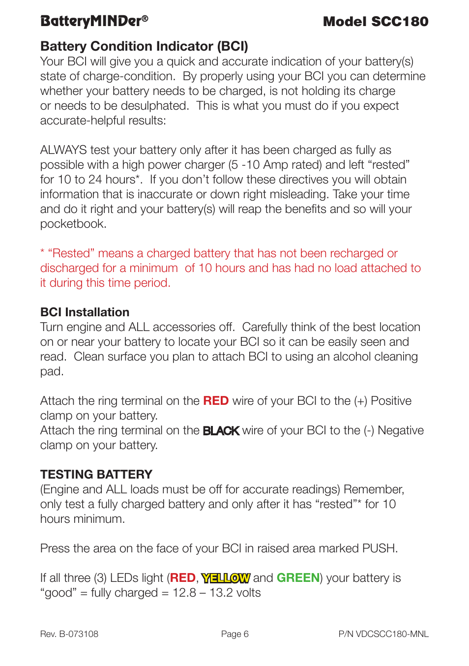 Batteryminder, Model scc180, Battery condition indicator (bci) | BatteryMINDer SCC180 User Manual | Page 6 / 12