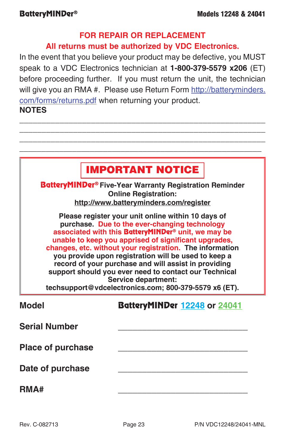 Important notice, Model | BatteryMINDer 24041 User Manual | Page 23 / 24