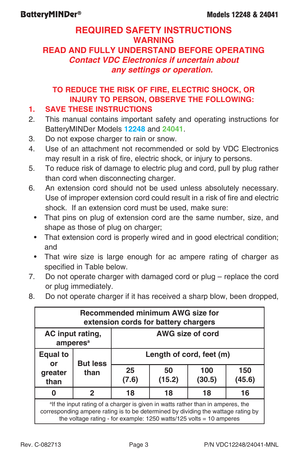 Required safety instructions | BatteryMINDer 24041 User Manual | Page 3 / 24