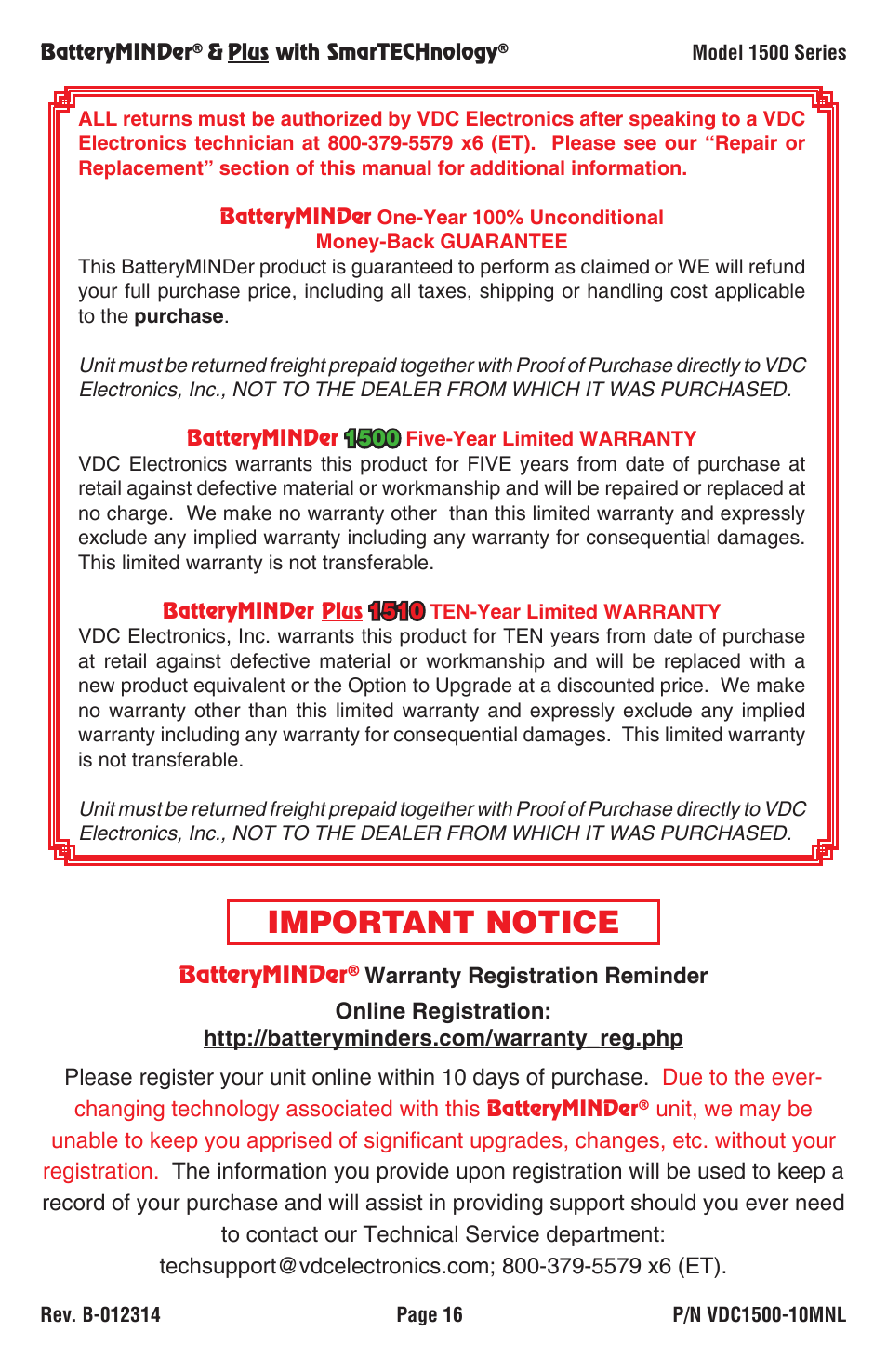 Important notice | BatteryMINDer 1510 User Manual | Page 16 / 16