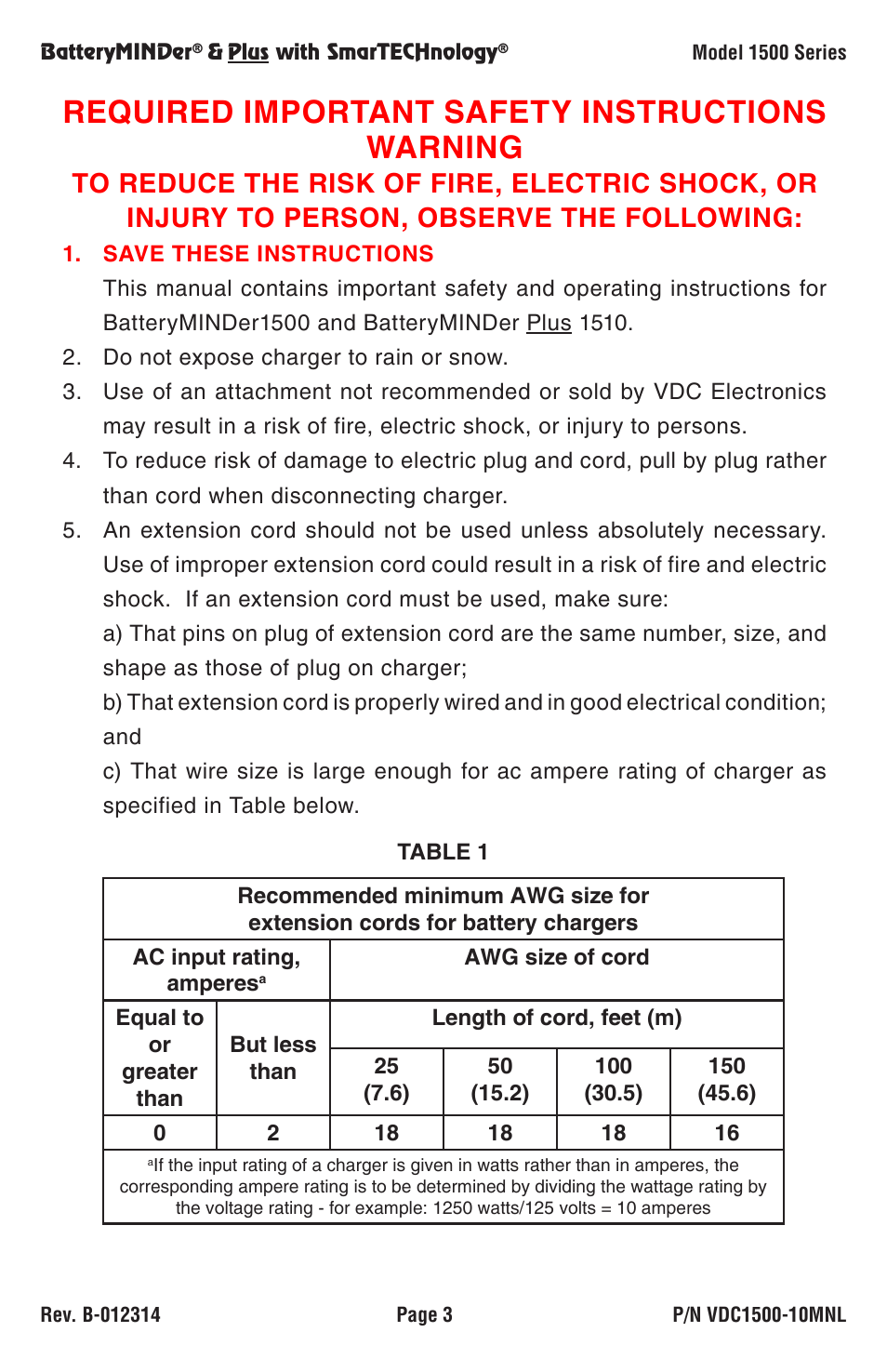 Required important safety instructions warning | BatteryMINDer 1510 User Manual | Page 3 / 16