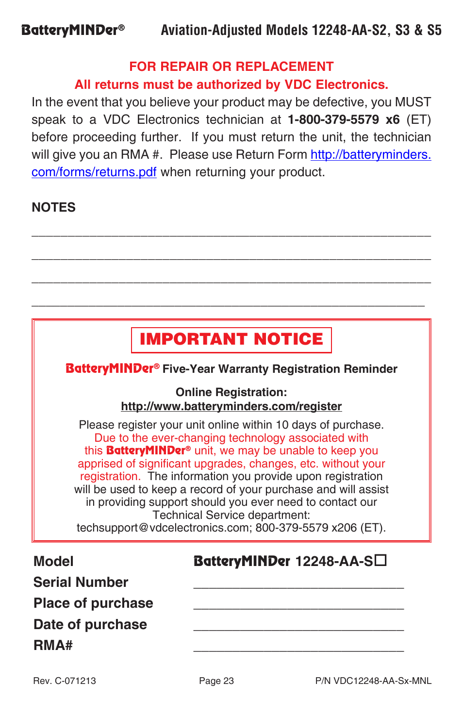 Important notice, Model | BatteryMINDer 12248-AA-Series User Manual | Page 23 / 24