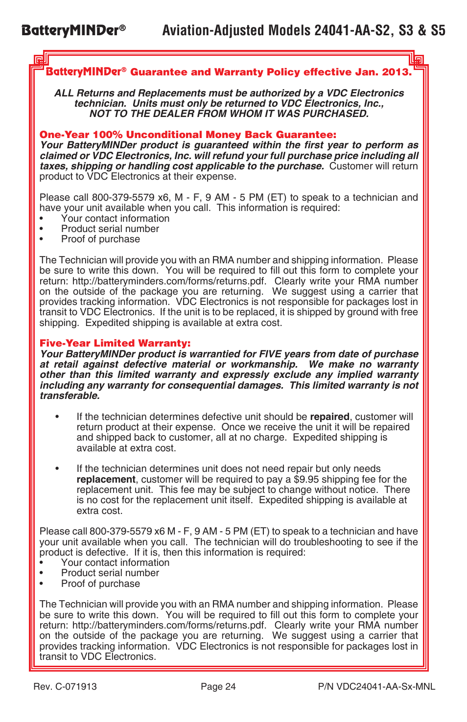 Batteryminder | BatteryMINDer 24041-AA-Series User Manual | Page 24 / 24