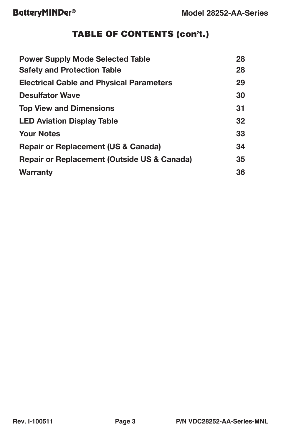 BatteryMINDer 28252-AA-Series User Manual | Page 3 / 36