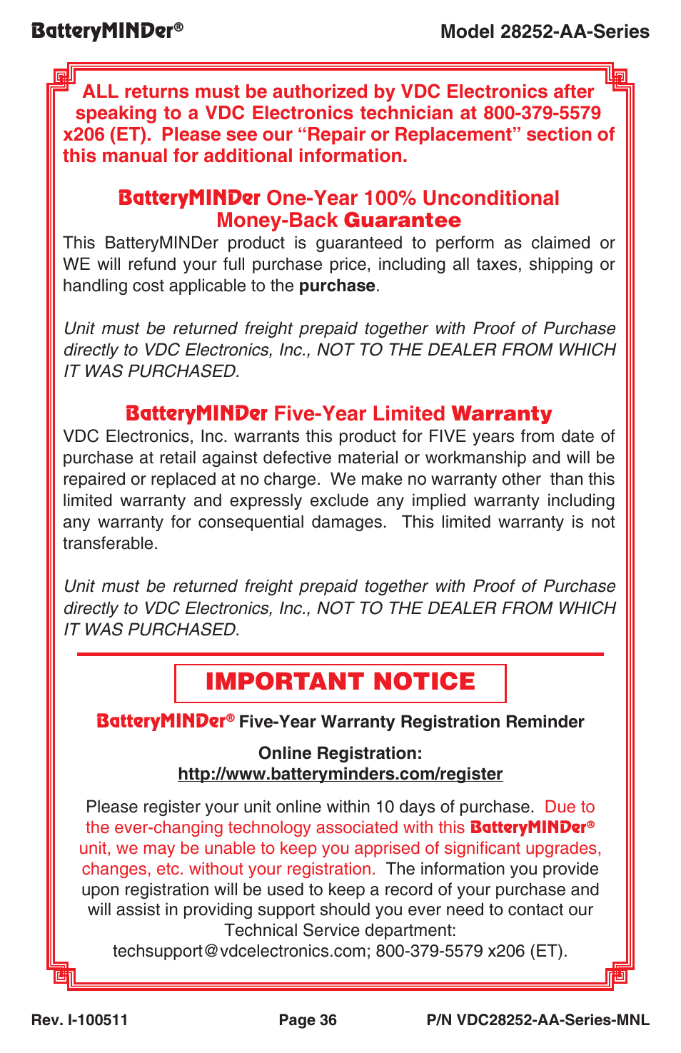 Important notice, One-year 100% unconditional money-back guarantee, Five-year limited warranty | BatteryMINDer 28252-AA-Series User Manual | Page 36 / 36