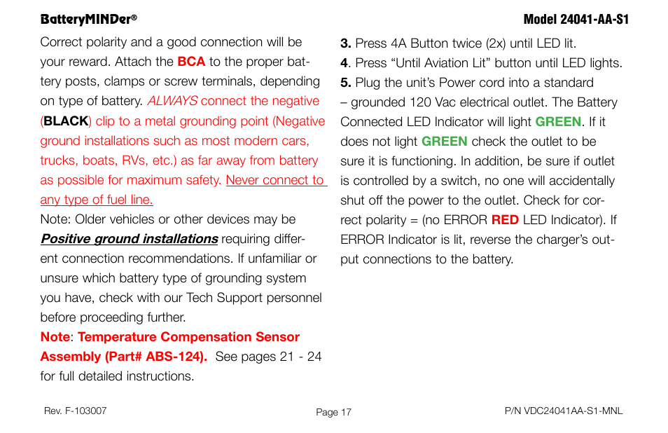 Always, Positive ground installations | BatteryMINDer 24041-AA-S1 User Manual | Page 17 / 36