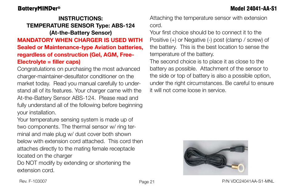 Batteryminder | BatteryMINDer 24041-AA-S1 User Manual | Page 21 / 36