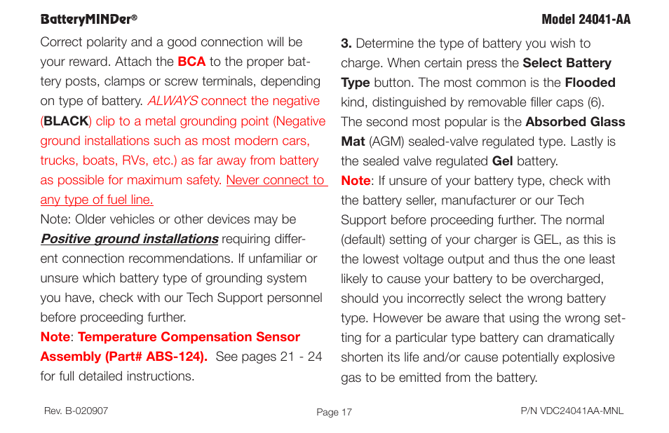 Always, Positive ground installations | BatteryMINDer 24041-AA User Manual | Page 17 / 36