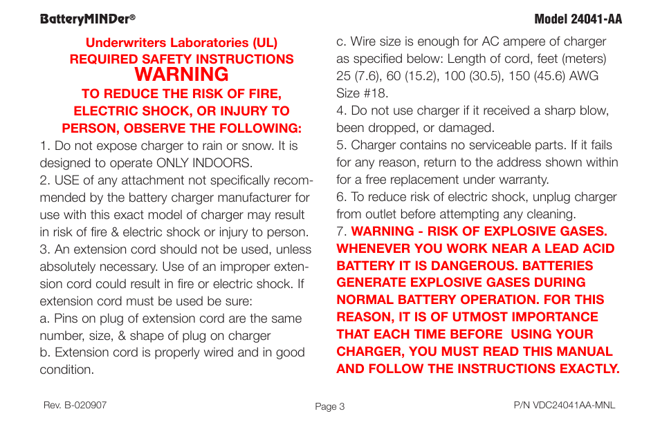 Warning | BatteryMINDer 24041-AA User Manual | Page 3 / 36