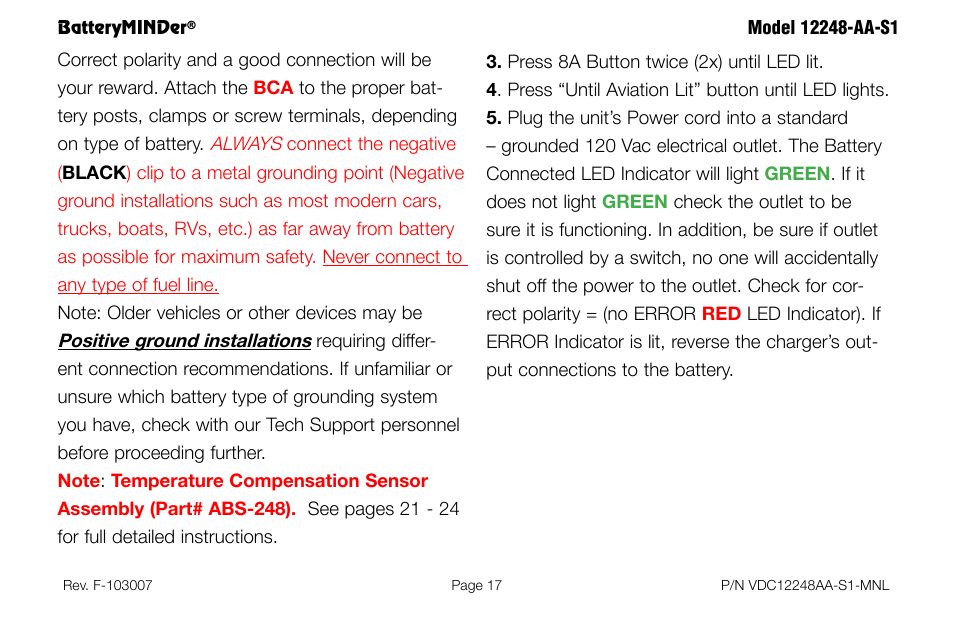 Always, Positive ground installations | BatteryMINDer 12248-AA-S1 User Manual | Page 17 / 36