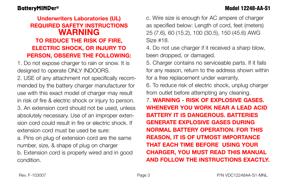 Warning | BatteryMINDer 12248-AA-S1 User Manual | Page 3 / 36