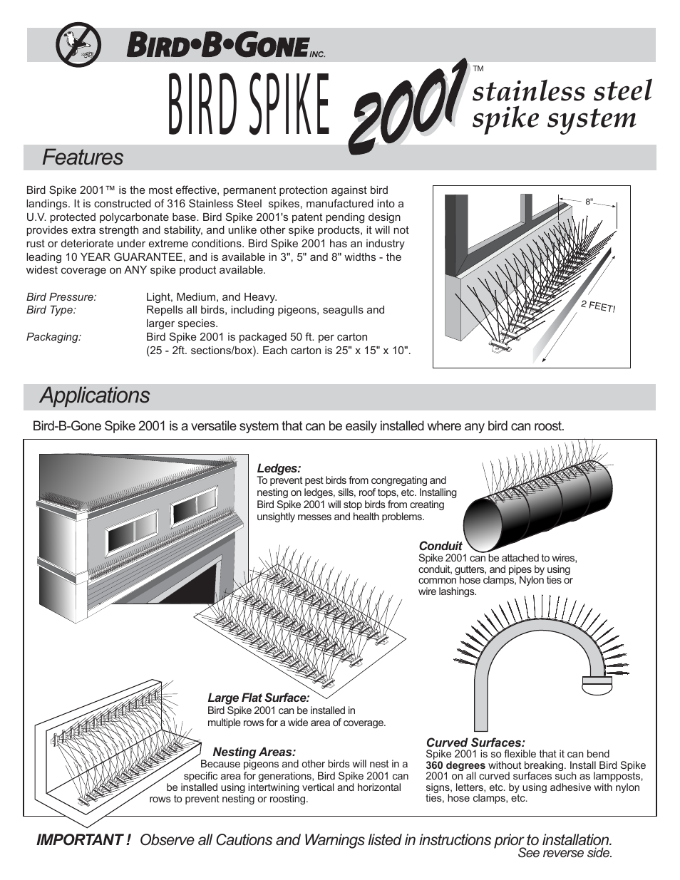 Bird B Gone 2001 Stainless Steel Bird Spikes User Manual | 2 pages
