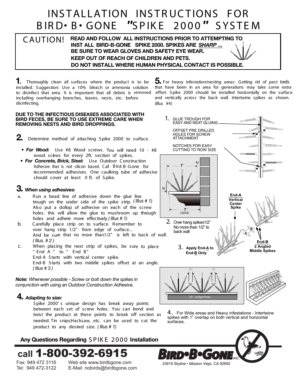 Call, C aut ion, S p ik e 2 0 0 0 | Bird B Gone 2000 Plastic Bird Spikes User Manual | Page 2 / 2