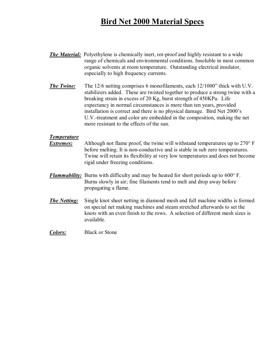 Bird net 2000 material specs | Bird B Gone Bird NET 2000 Netting User Manual | Page 3 / 3