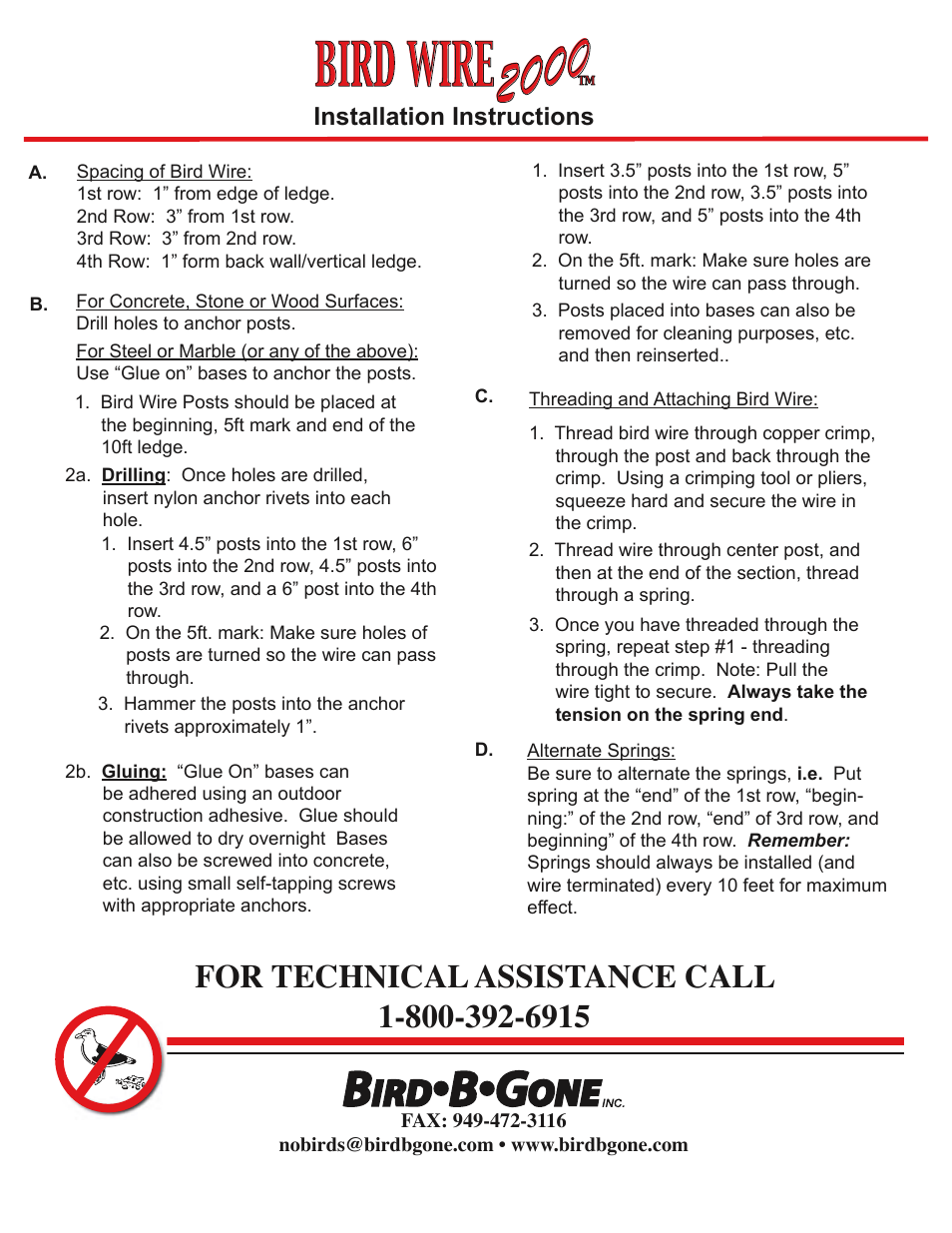 Bird wire | Bird B Gone Bird Wire 2000 User Manual | Page 2 / 2