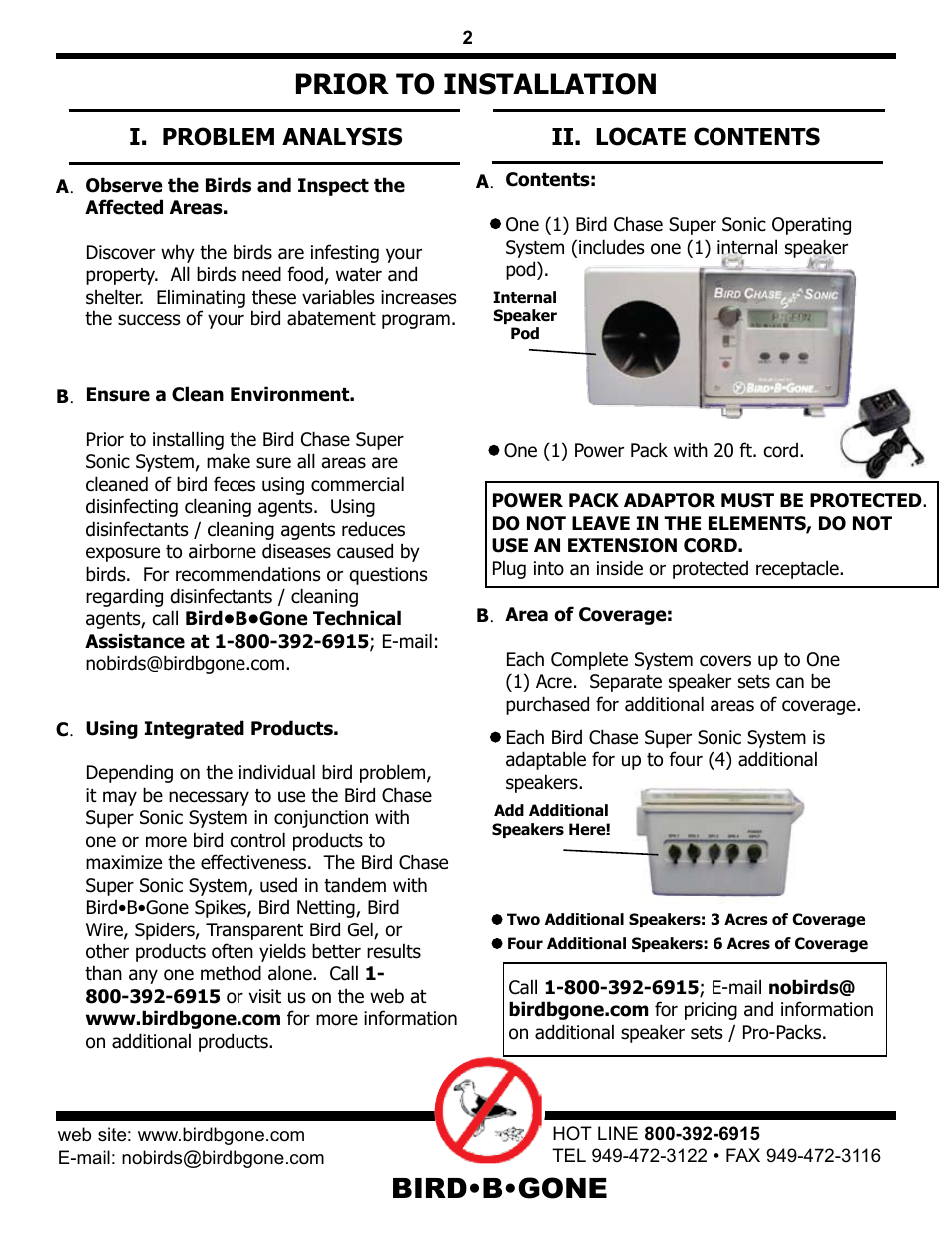 Bird•b•gone, Prior to installation, I. problem analysis | Ii. locate contents | Bird B Gone Sonic Bird Deterrent User Manual | Page 2 / 5