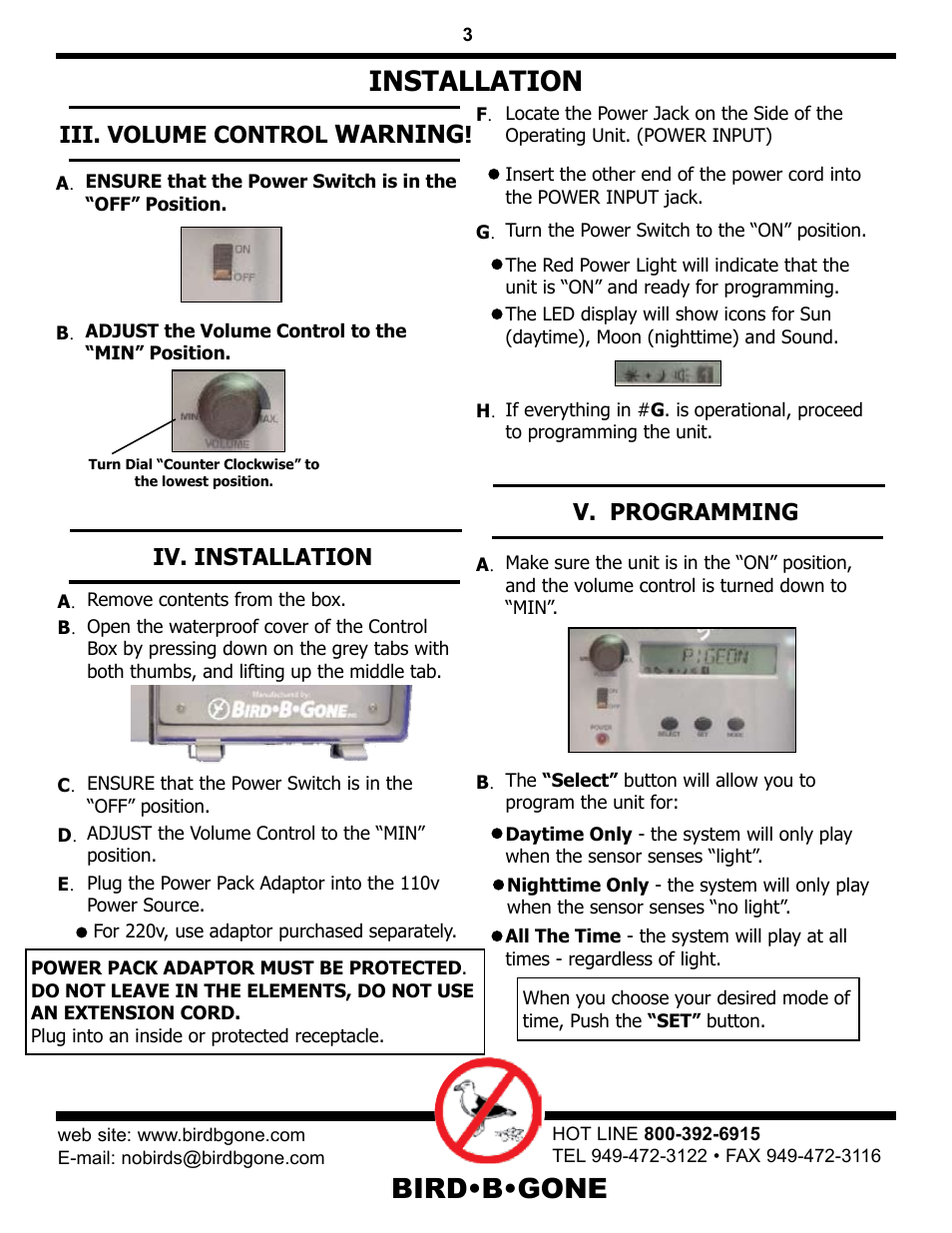 Bird•b•gone, Installation, Warning | Iii. volume control, V. programming, Iv. installation | Bird B Gone Sonic Bird Deterrent User Manual | Page 3 / 5