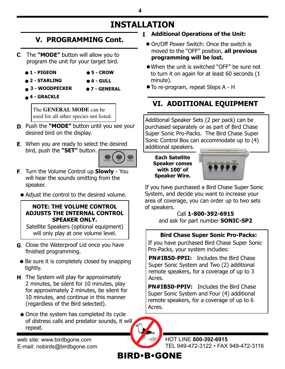 Bird•b•gone, Installation, V. programming cont | Vi. additional equipment | Bird B Gone Sonic Bird Deterrent User Manual | Page 4 / 5