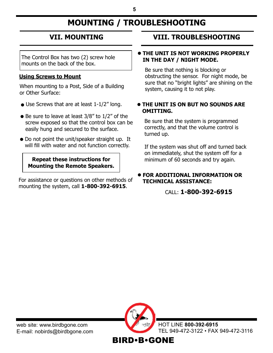 Bird•b•gone, Mounting / troubleshooting, Vii. mounting | Viii. troubleshooting | Bird B Gone Sonic Bird Deterrent User Manual | Page 5 / 5