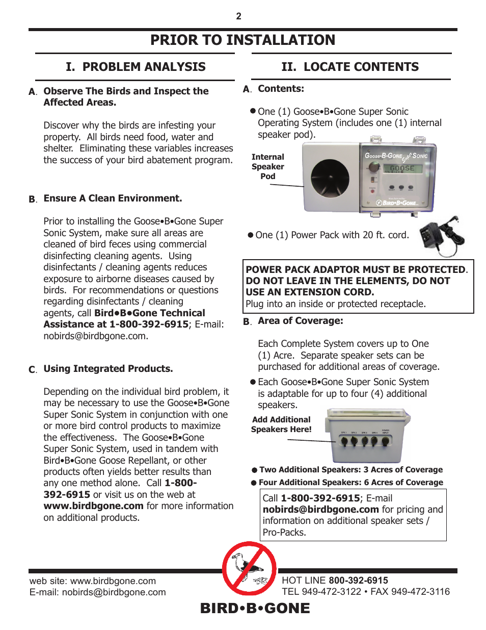 Bird•b•gone, Prior to installation, I. problem analysis | Ii. locate contents | Bird B Gone Goose Sonic User Manual | Page 2 / 5