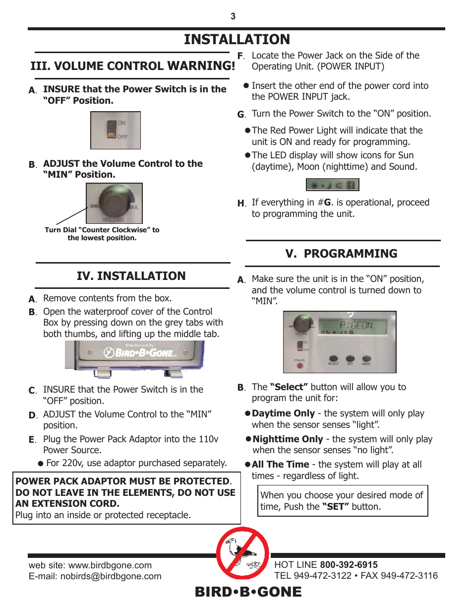 Bird•b•gone, Installation, Warning | Iii. volume control, V. programming, Iv. installation | Bird B Gone Goose Sonic User Manual | Page 3 / 5