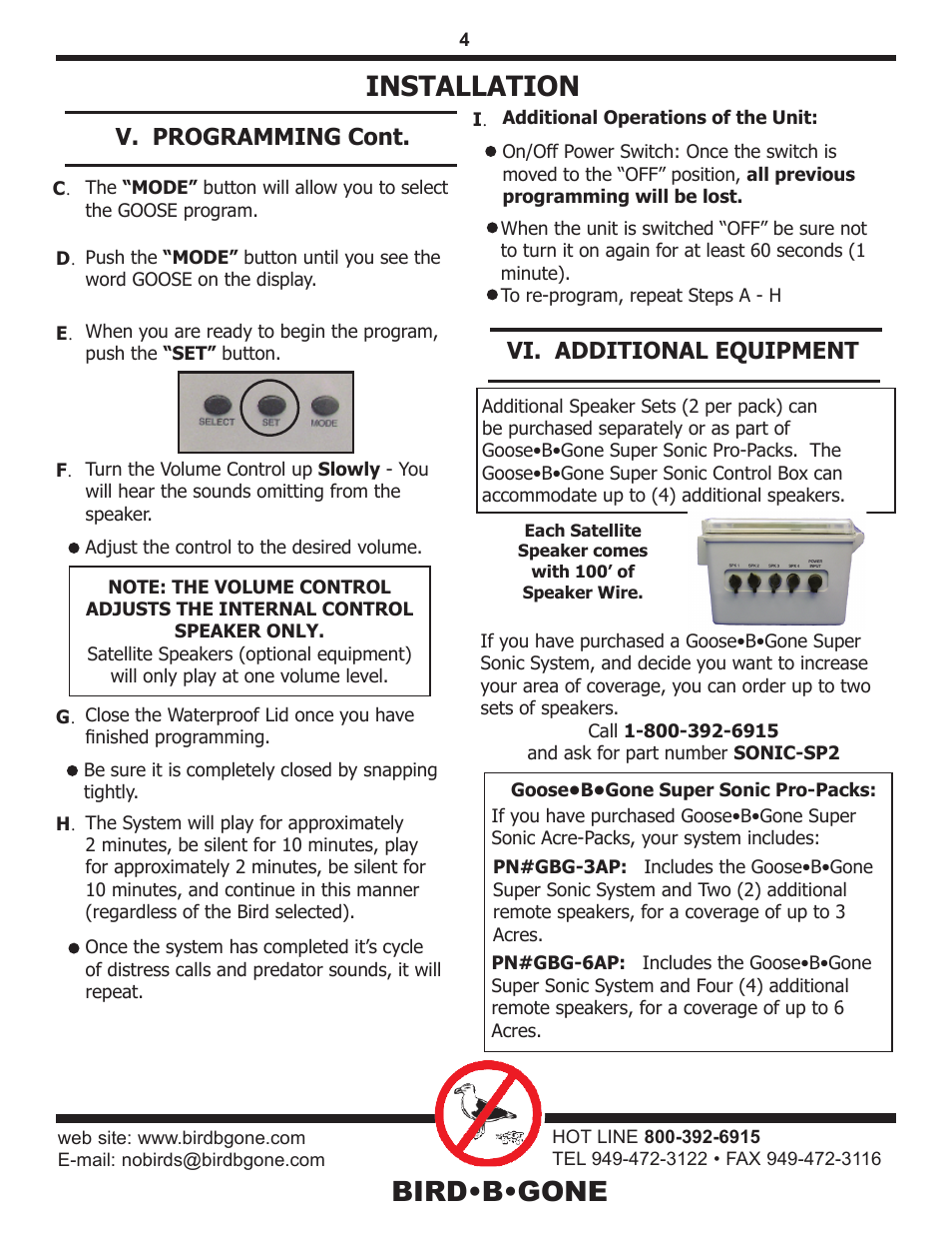 Bird•b•gone, Installation, V. programming cont | Vi. additional equipment | Bird B Gone Goose Sonic User Manual | Page 4 / 5