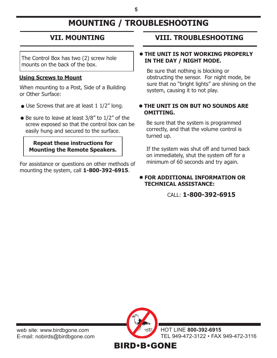 Bird•b•gone, Mounting / troubleshooting, Vii. mounting | Viii. troubleshooting | Bird B Gone Goose Sonic User Manual | Page 5 / 5