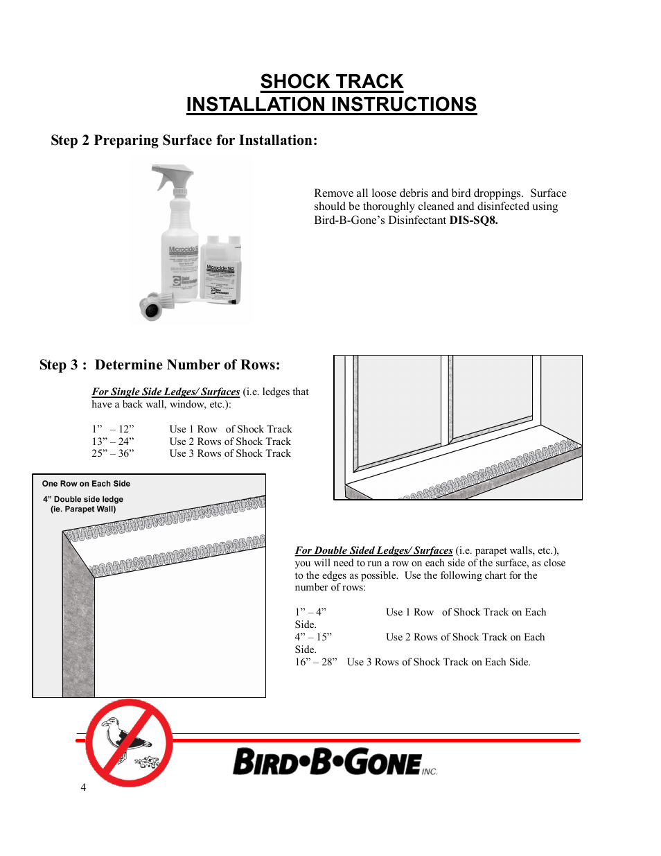 Shock track installation instructions, Step 2 preparing surface for installation, Step 3 : determine number of rows | Bird B Gone Shock Track for Birds User Manual | Page 4 / 9
