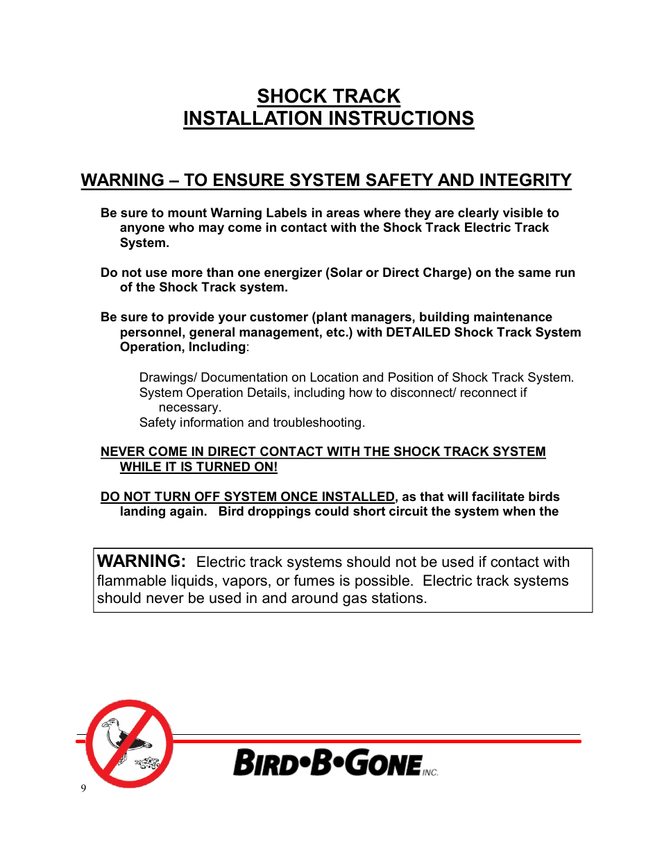 Shock track installation instructions, Warning – to ensure system safety and integrity, Warning | Bird B Gone Shock Track for Birds User Manual | Page 9 / 9