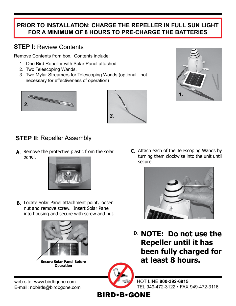 Bird•b•gone, Step i: review contents, Step ii: repeller assembly | Bird B Gone Solar Bird Repeller User Manual | Page 2 / 4
