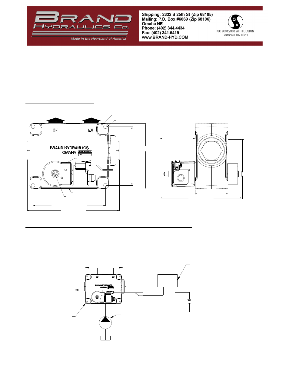 Frequently asked questions cont’d, Dimensional data, Wiring & hydraulic schematic (2 or 3 port) | BRAND Hydraulics LEFC FLOW CONTROL User Manual | Page 2 / 3