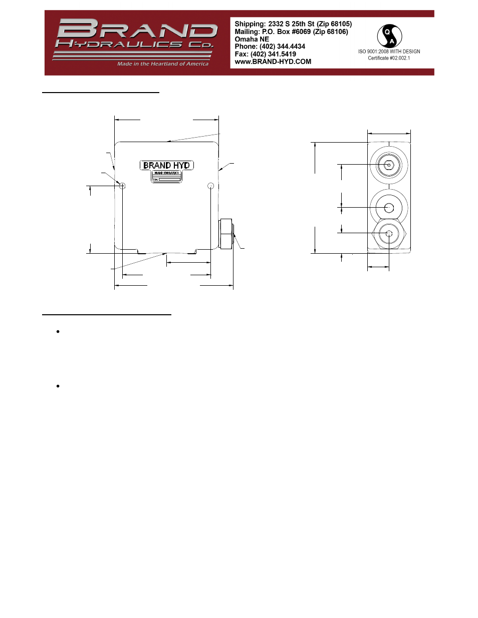 Dimensional data, Safety precautions | BRAND Hydraulics FP STYLE ADJUSTABLE PROPORTIONAL DIVIDER User Manual | Page 2 / 2