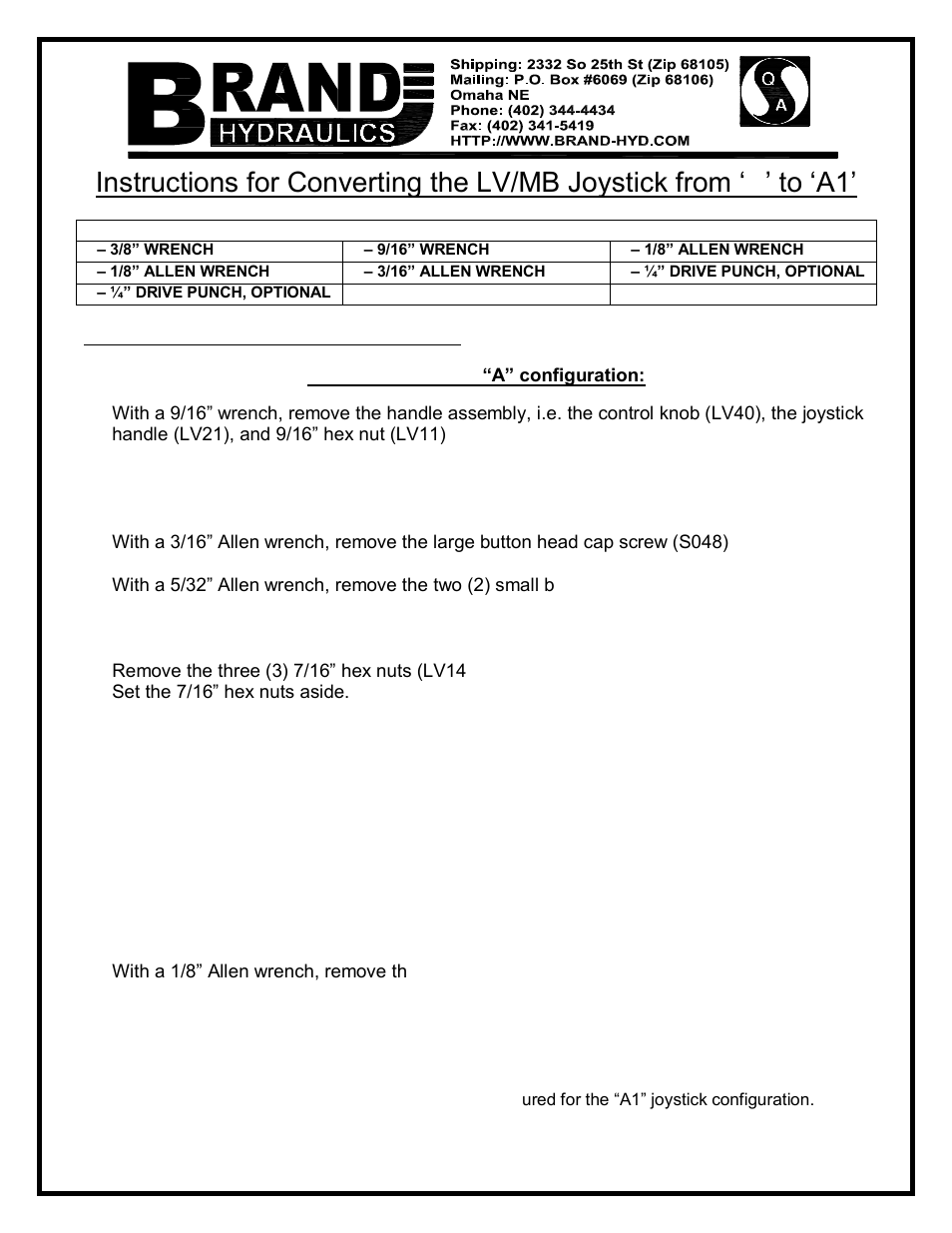 BRAND Hydraulics Converting the LV/MB Joystick from A to A1 User Manual | 4 pages