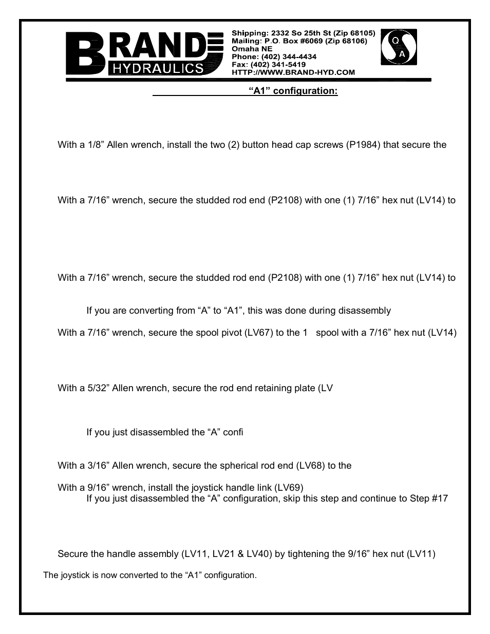 BRAND Hydraulics Converting the LV/MB Joystick from A to A1 User Manual | Page 2 / 4