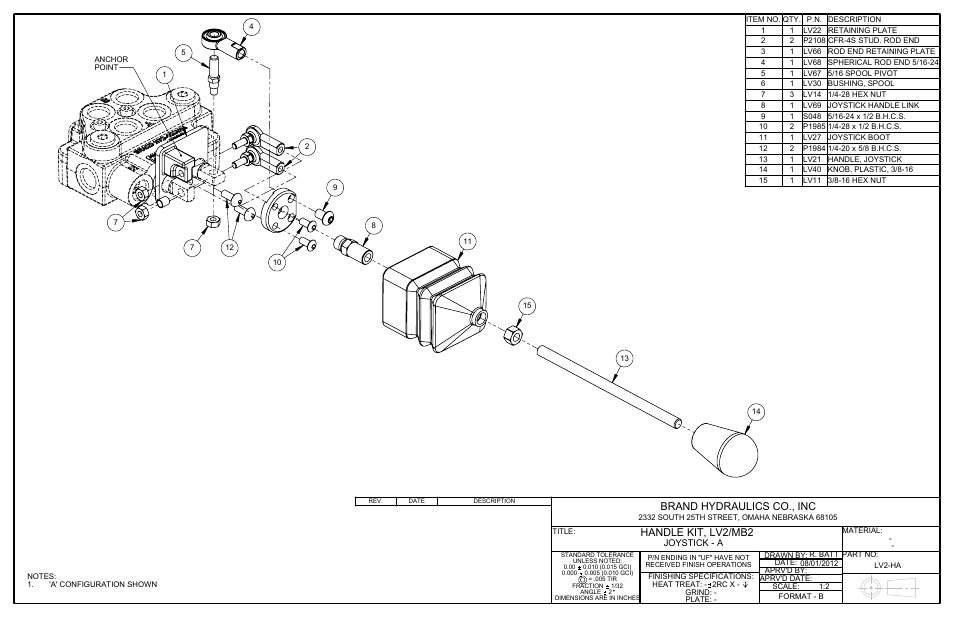 Lv2-ha, Sheet1, Drawing view1 | Brand hydraulics co., inc, Handle kit, lv2/mb2 | BRAND Hydraulics Converting the LV/MB Joystick from A to A1 User Manual | Page 3 / 4