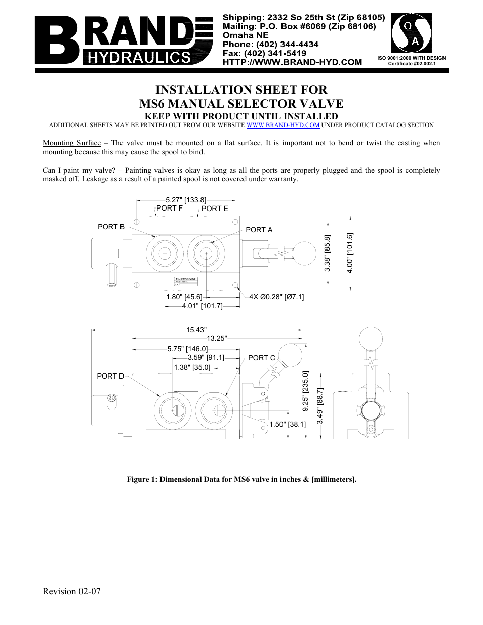 BRAND Hydraulics MS6 MANUAL SELECTOR VALVE User Manual | 1 page