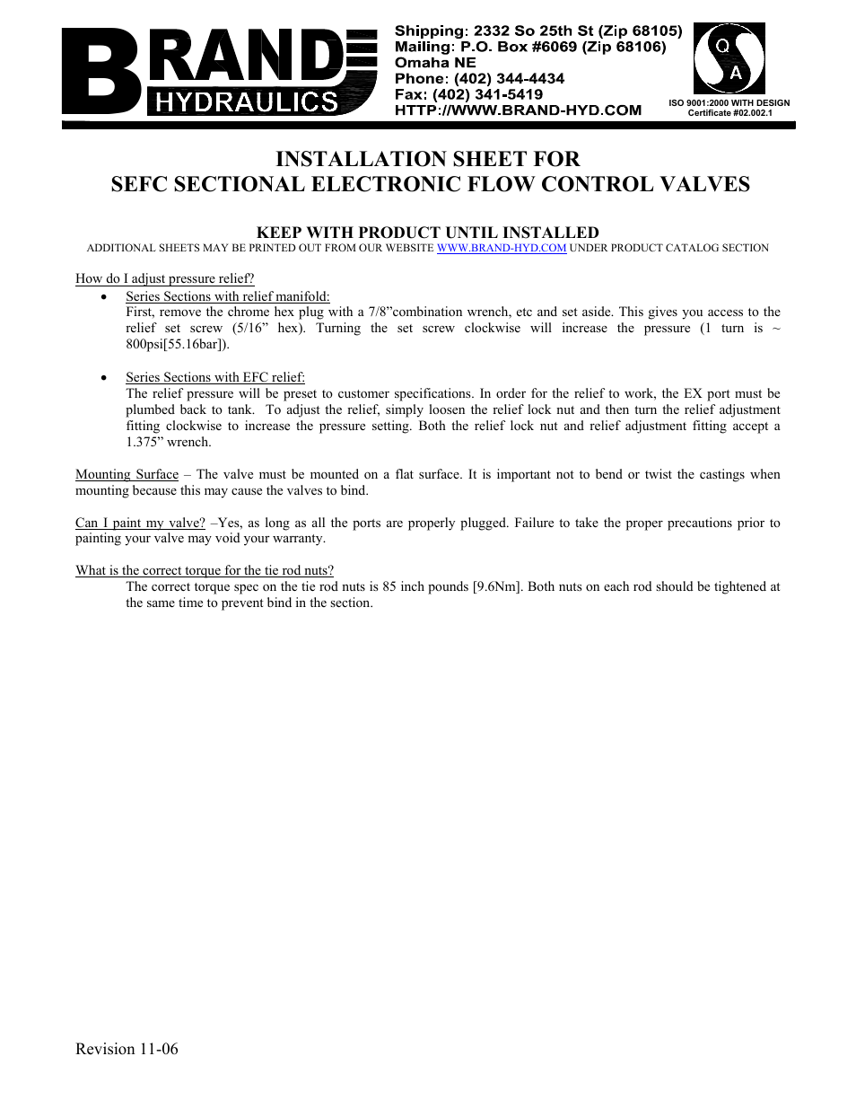 BRAND Hydraulics SEFC SECTIONAL ELECTRONIC FLOW CONTROL VALVES User Manual | 2 pages
